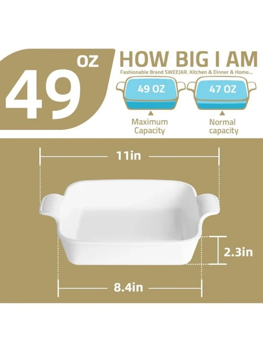 8x8 Ceramic Baking Dish - Square Bakeware for Brownies, Casseroles & Lasagna
